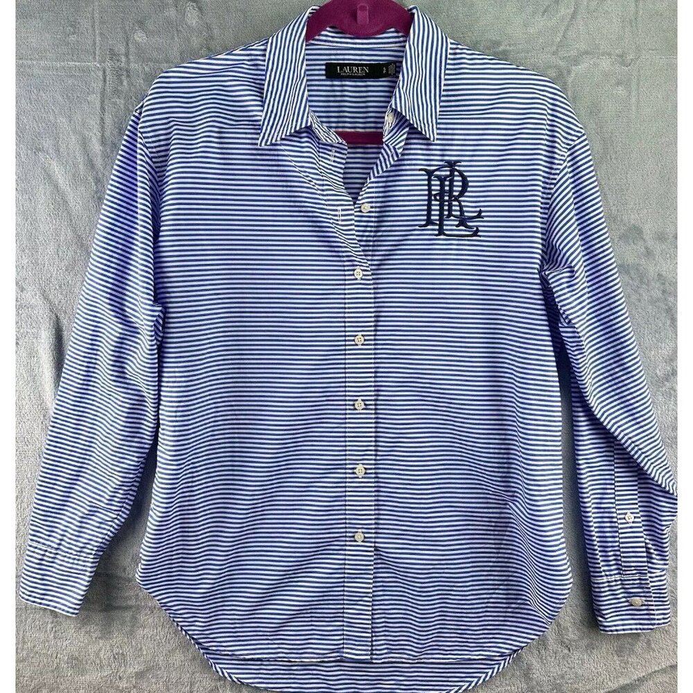 LAUREN RALPH LAUREN Strip Cotton Broadcloth Shirt Women's Size Small Embroidered - Picture 2 of 16